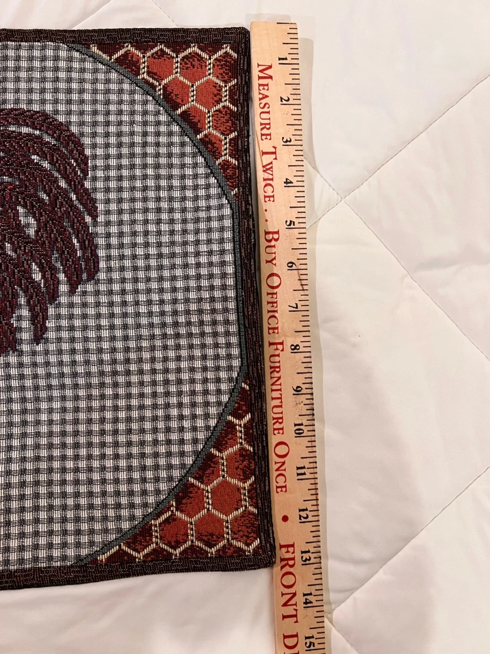 5 Embroidered Rooster Placemats in Brown, Cream, and Red